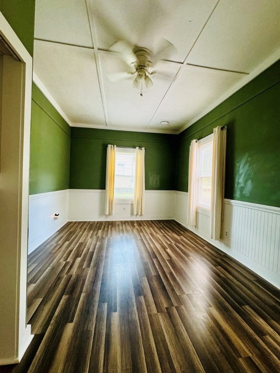 spare room with a wealth of natural light, ceiling fan, crown molding, and dark hardwood / wood-style flooring