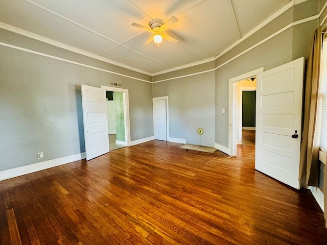 unfurnished bedroom featuring crown molding, connected bathroom, hardwood / wood-style floors, and ceiling fan