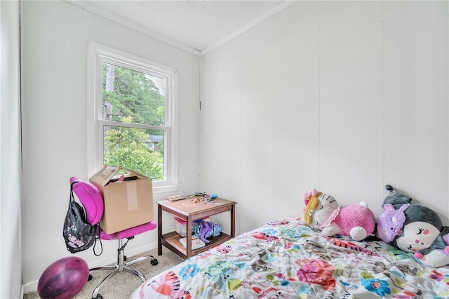 bedroom featuring carpet floors and ornamental molding