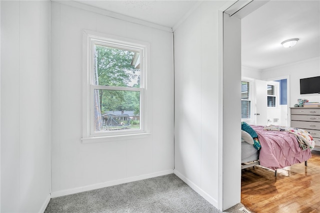 interior space featuring light wood-type flooring and crown molding