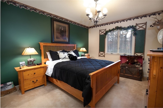 carpeted bedroom with a notable chandelier