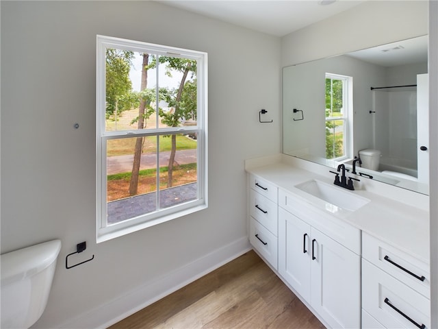 bathroom with wood-type flooring, vanity, toilet, and a shower