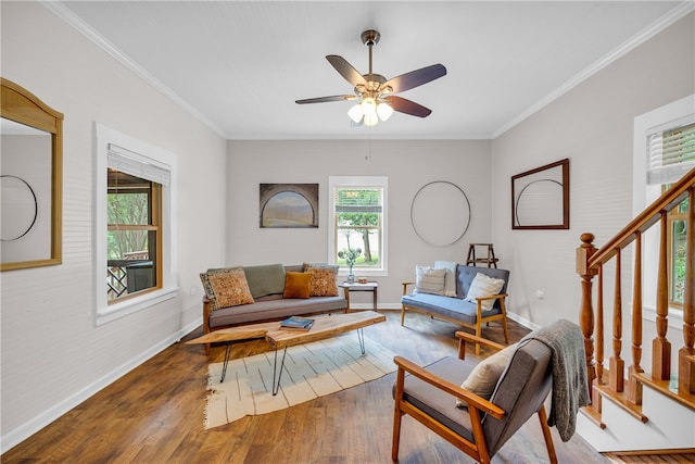 living room featuring ornamental molding, ceiling fan, and dark wood-type flooring