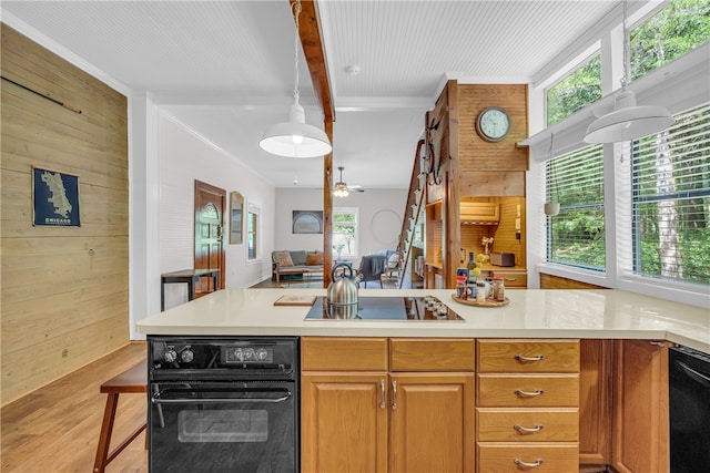 kitchen with black appliances, wood walls, light hardwood / wood-style flooring, and a wealth of natural light