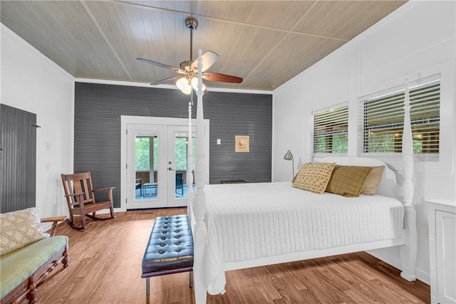 bedroom with access to outside, ceiling fan, ornamental molding, french doors, and light wood-type flooring