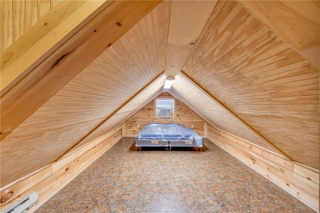 unfurnished bedroom featuring wood ceiling, wooden walls, lofted ceiling, and a baseboard radiator