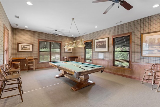 recreation room featuring ceiling fan and pool table