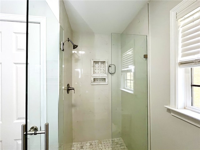 bathroom featuring a shower with shower door