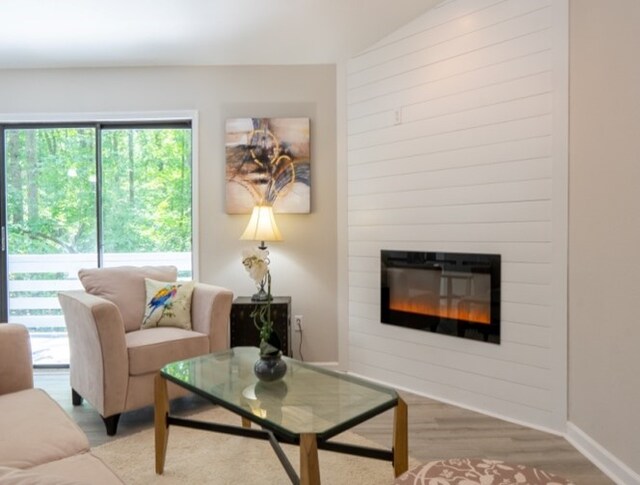 living room with a fireplace and light hardwood / wood-style floors