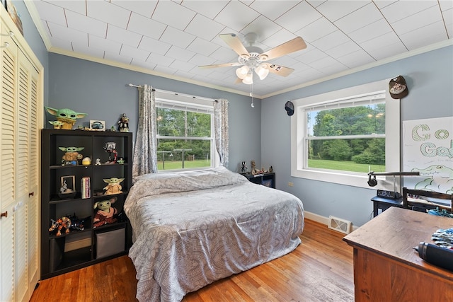 bedroom featuring multiple windows, ceiling fan, and a closet