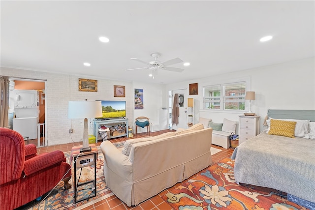 living room featuring light tile patterned flooring and ceiling fan