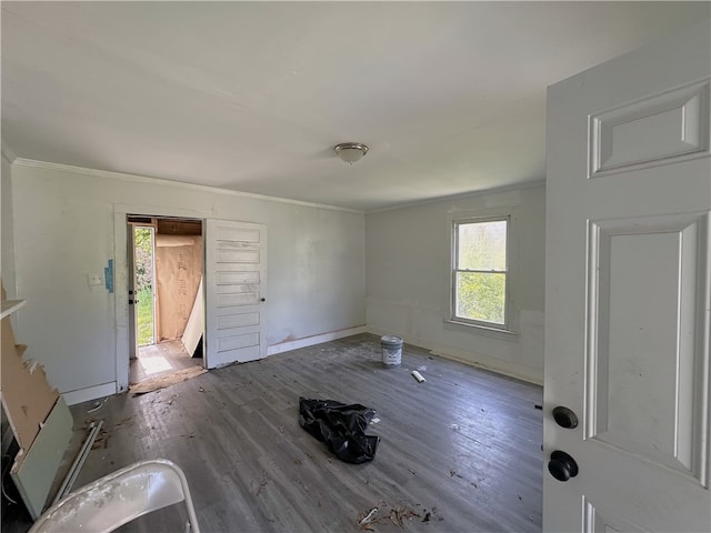 interior space with ornamental molding and hardwood / wood-style flooring