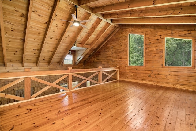 bonus room with wood-type flooring, wood ceiling, plenty of natural light, and wood walls