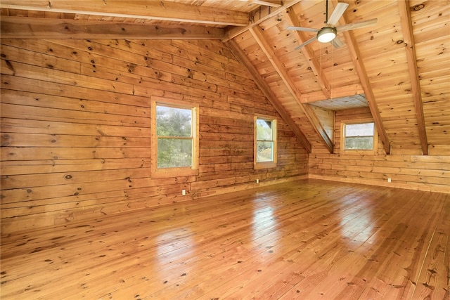 bonus room featuring wood ceiling, lofted ceiling with beams, light hardwood / wood-style flooring, wooden walls, and ceiling fan