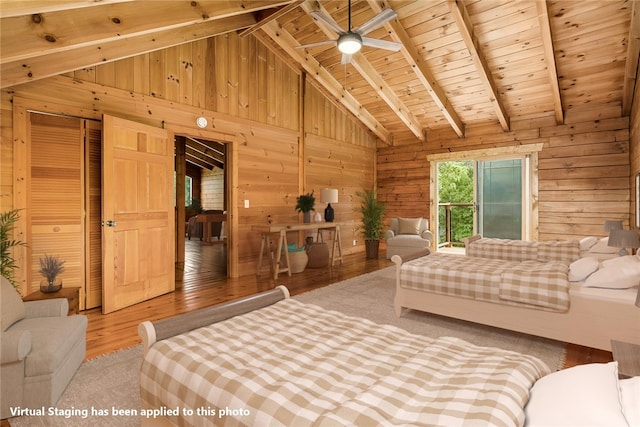 bedroom featuring wood walls, wooden ceiling, wood-type flooring, ceiling fan, and vaulted ceiling with beams