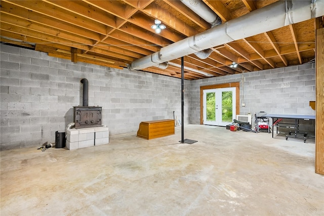 basement with a wood stove