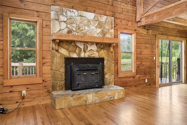 room details featuring wood-type flooring, beam ceiling, and wooden walls