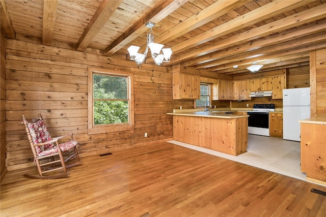 kitchen featuring white appliances, beamed ceiling, light wood-type flooring, wooden walls, and sink