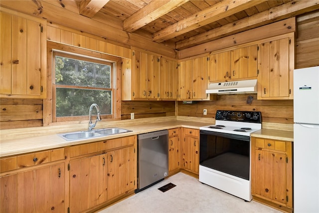 kitchen with wood ceiling, wood walls, beam ceiling, sink, and white appliances