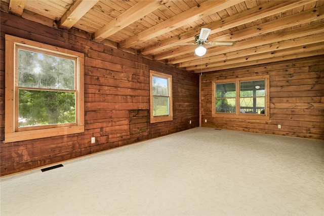 carpeted empty room featuring wooden ceiling, beam ceiling, wooden walls, and ceiling fan