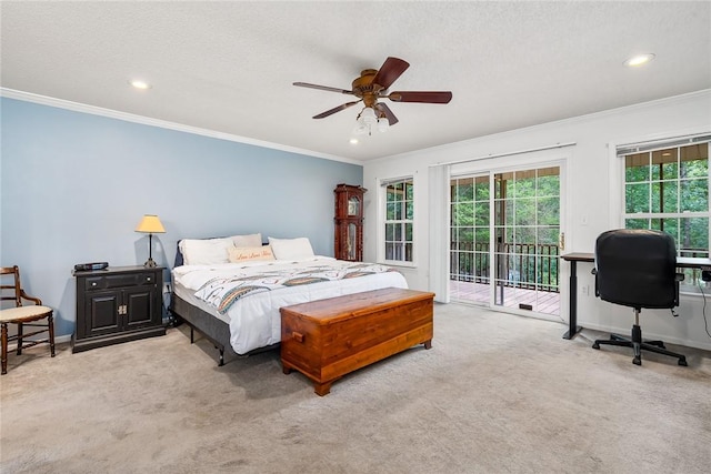 bedroom featuring access to exterior, light colored carpet, ornamental molding, a textured ceiling, and baseboards