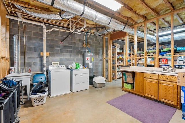 unfinished below grade area with concrete block wall, washing machine and clothes dryer, water heater, visible vents, and a sink