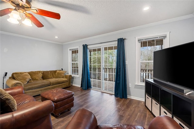 living room featuring ornamental molding, dark wood-style flooring, a textured ceiling, and baseboards