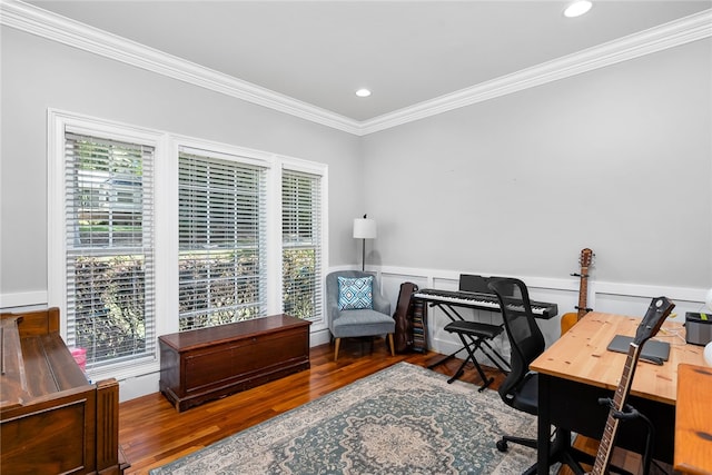 home office with hardwood / wood-style flooring and crown molding