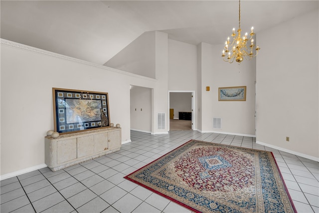 unfurnished living room with light tile patterned flooring, high vaulted ceiling, and a notable chandelier