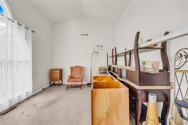 interior space with lofted ceiling and carpet floors