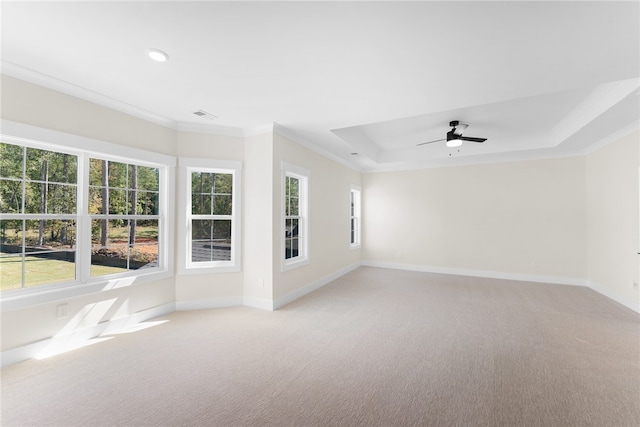 carpeted empty room featuring ornamental molding, a healthy amount of sunlight, a raised ceiling, and ceiling fan