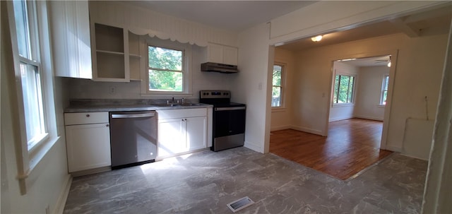 kitchen featuring exhaust hood, stainless steel appliances, plenty of natural light, and white cabinetry