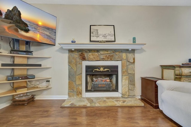 living area featuring hardwood / wood-style flooring and a fireplace