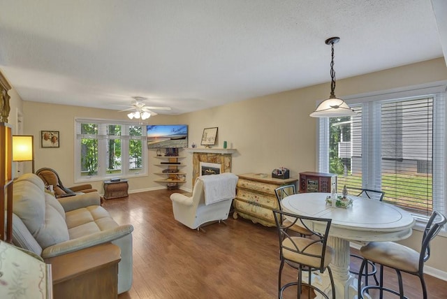 dining space with ceiling fan, hardwood / wood-style floors, and a textured ceiling