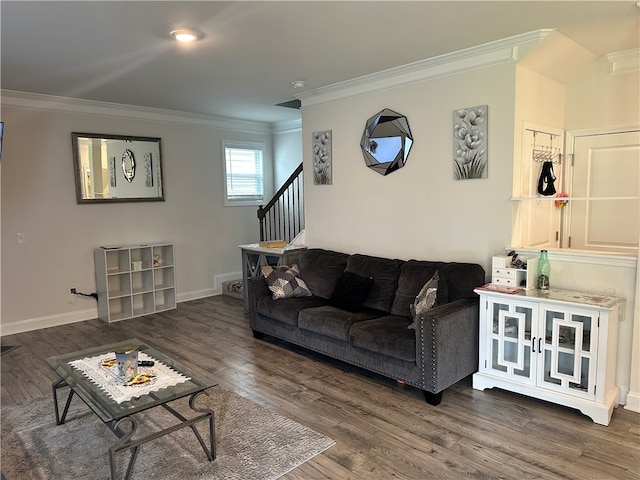 living room with ornamental molding and dark hardwood / wood-style flooring