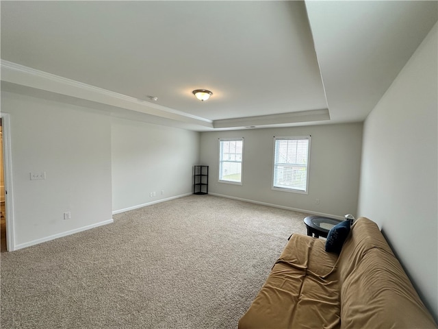 unfurnished living room featuring a tray ceiling and carpet floors