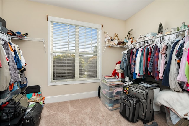 walk in closet featuring light carpet