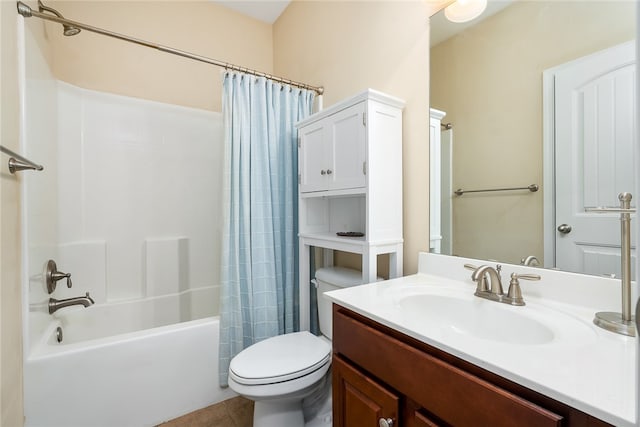 full bathroom with shower / bathtub combination with curtain, tile patterned floors, vanity, and toilet