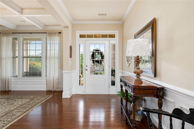 entryway featuring beam ceiling, coffered ceiling, dark hardwood / wood-style floors, and crown molding