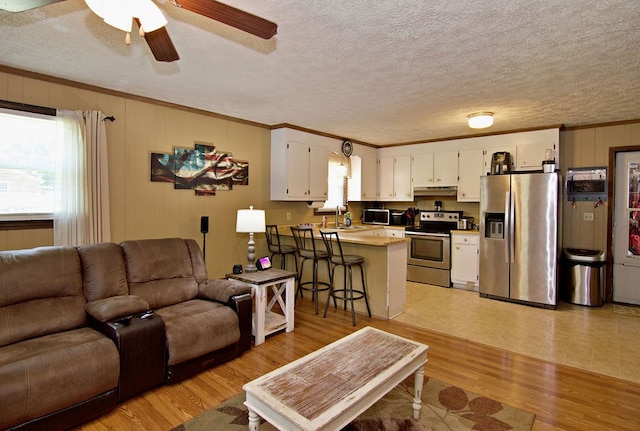 living room featuring light wood-type flooring, a textured ceiling, ceiling fan, ornamental molding, and sink