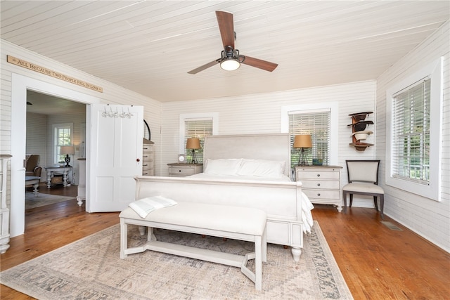 bedroom featuring ceiling fan, wood-type flooring, and wooden ceiling