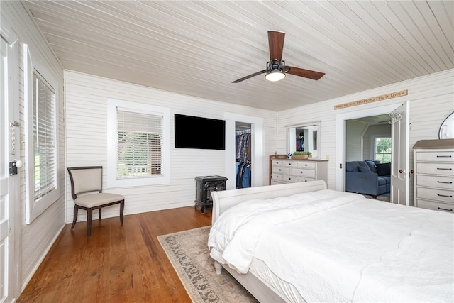 bedroom featuring ceiling fan, a closet, multiple windows, and a walk in closet