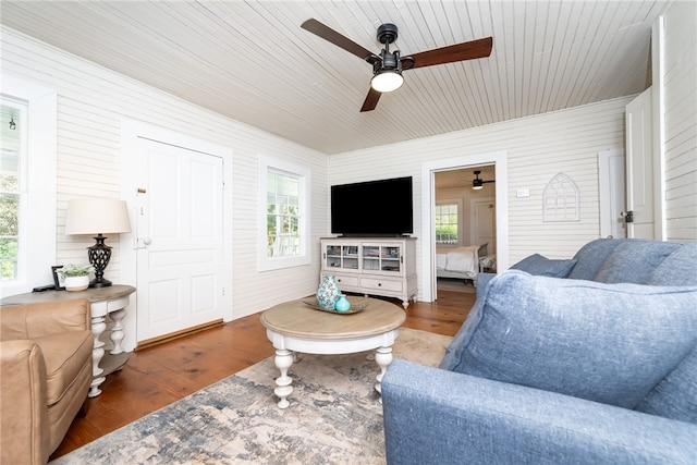 living room featuring wood ceiling, dark hardwood / wood-style flooring, and ceiling fan