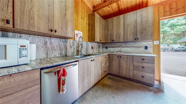 kitchen featuring wood ceiling, sink, wood walls, concrete floors, and stainless steel dishwasher