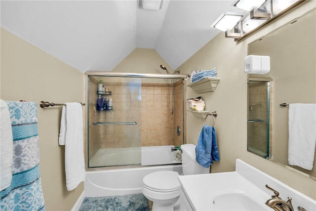 full bathroom with shower / bath combination with glass door, vaulted ceiling, toilet, and vanity