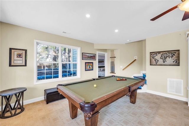 game room featuring ceiling fan, light carpet, and billiards