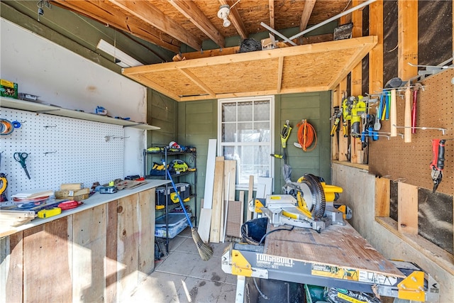 interior space featuring a workshop area