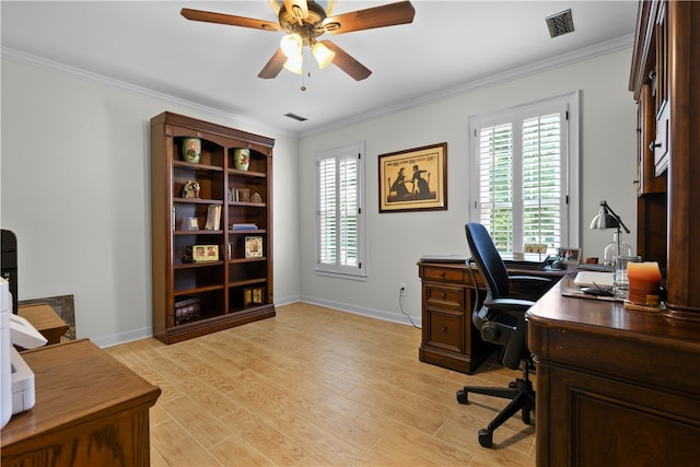 office with crown molding, light hardwood / wood-style flooring, and ceiling fan