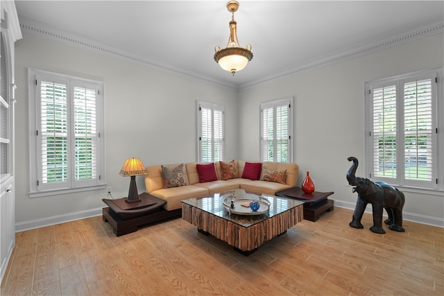 living room with a wealth of natural light, light hardwood / wood-style flooring, and ornamental molding