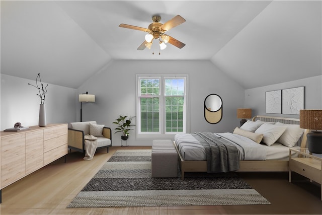 bedroom featuring ceiling fan, light hardwood / wood-style flooring, and lofted ceiling